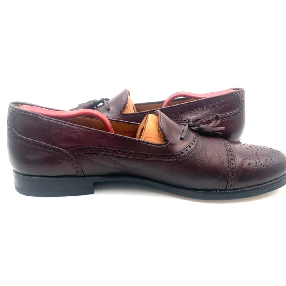 Mezlan Havana Burgundy Leather Tassel Cap Toe Slip On Loafer Shoes Men's SZ 9.5B